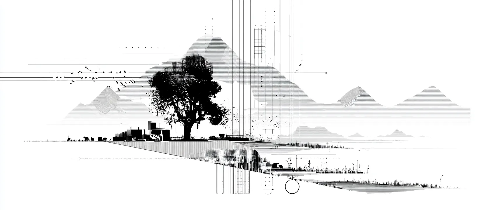 Feine Strichzeichnung einer weiten Landschaft mit Baum, Hügeln und Linienraster